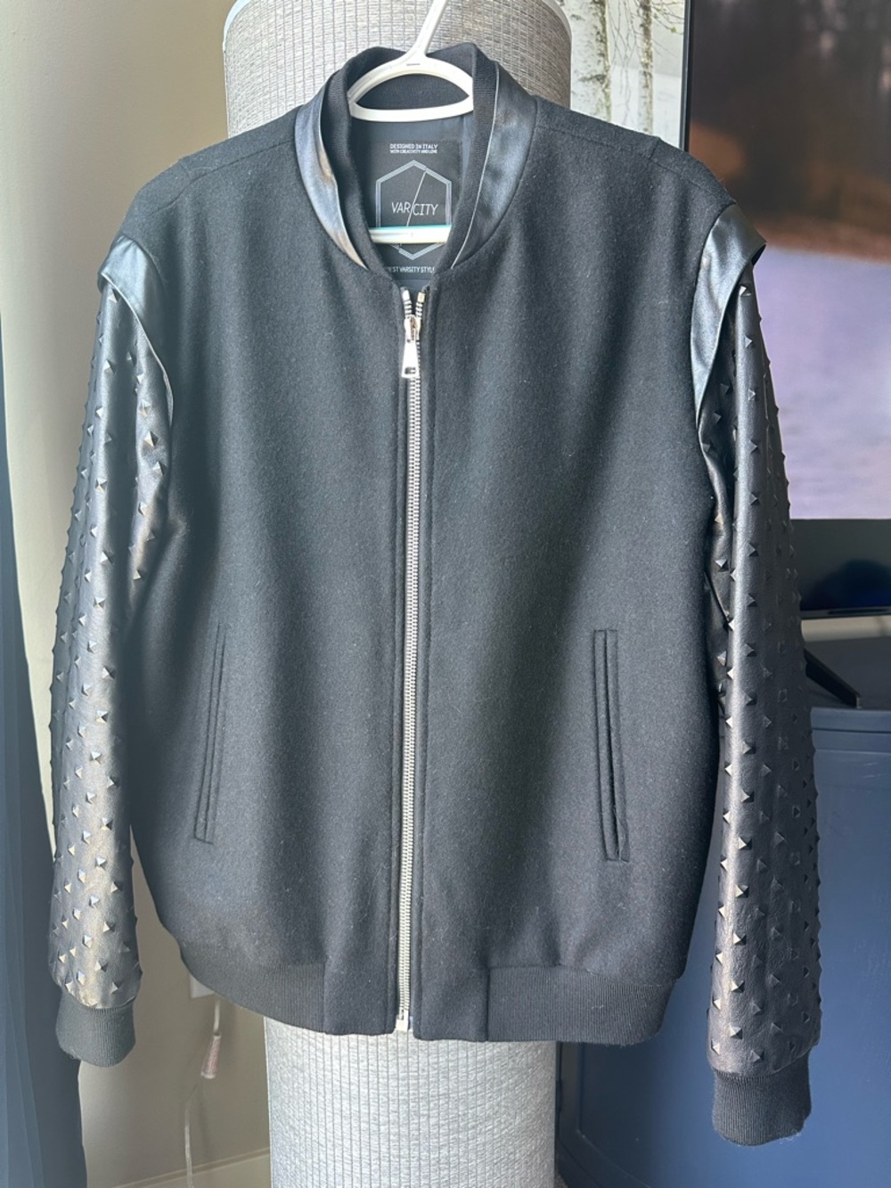 Var/city varsity bomber wool and leather studded jacket Sz L NWOT.